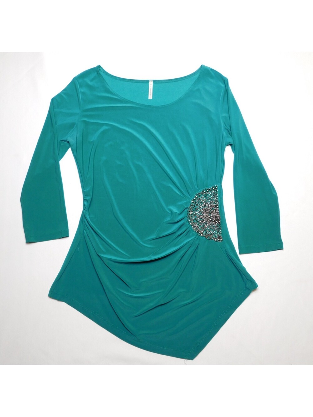 Passports Womens M Teal Asymmetric Blouse Rhinestone Embellished Ruched Top Medi
